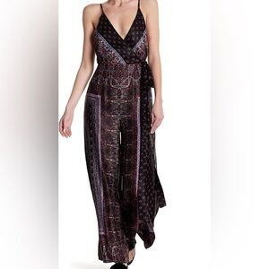 Free People Cabbage Rose Black Combo Bandana Paisley Wide Leg Jumpsuit Size 0